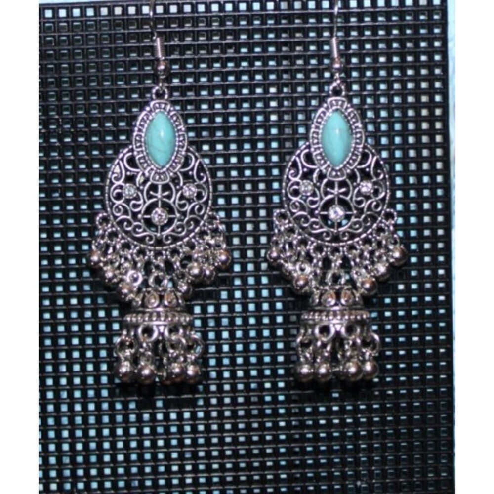 Silver Tone and Turquoise Colored Stone Bead  Dangle Earrings  (style j855)